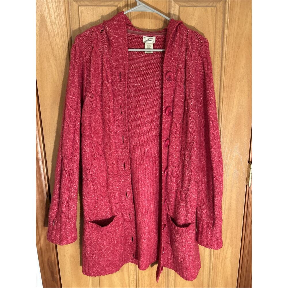 LL Bean Women’s Size M Long Heathered Dark Pink Hooded Cardigan Sweater Pockets